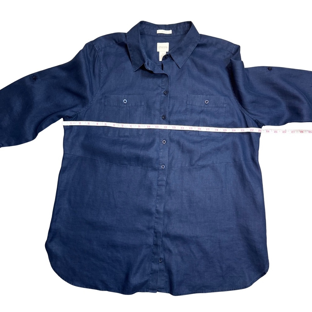 Chico’s 3 Navy Linen Roll Tab Collared Tunic Button Down No Iron Resort Beach - Picture 7 of 9